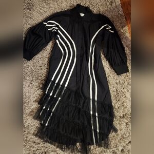 Asymmetrical Designer Cotton Shirtdress With Bishop Sleeves And Tulle Overlay